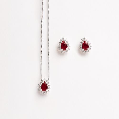 Conjunto brinco e colar zircônia gota rubi com cravejado 10mm 45cm
