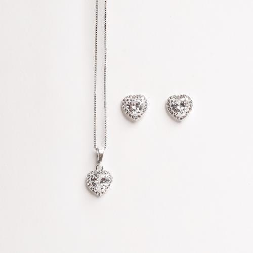 Conjunto brinco e colar zircônia coração com cravejado cristal 9mm 45cm