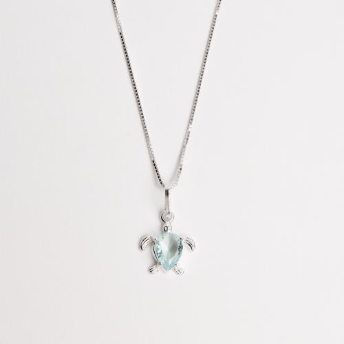 Colar pingente tartaruga com zircônia gota azul 12mm 45cm