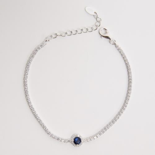 Pulseira Riviera 2mm com círculo vazado cravejado safira 16+4cm