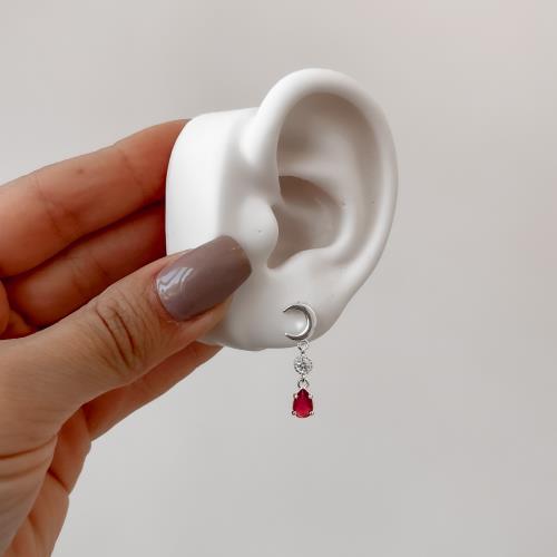 Brinco lua 8mm pingentes zircônias redonda cristal e gota cereja