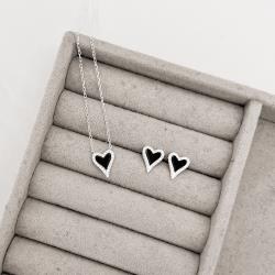 Conjunto brinco e colar coração pedra ônix com cravejado 11mm corrente cadeado 45+5cm