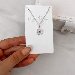 Colar pingente medalha olho cravejado com zircônia azul 12mm 45cm