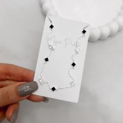 Colar entremeio trevos pedra ônix e vinco 5mm corrente cadeado 45+5cm