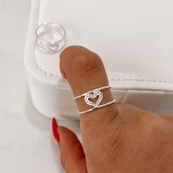 Anel aliança 2 fios com coração cravejado