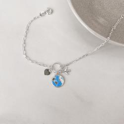 Pulseira entremeio círculo pingentes coração, planeta terra e avião