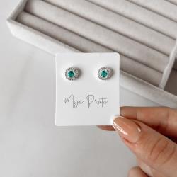 Brinco zircônia redonda acqua com cravejado 9mm