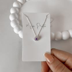 Colar zircônia redonda ametista com cravejado 9mm corrente cadeadinho 45cm