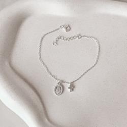 Pulseira pingentes medalha Nsa. Sra. das Graças e cruz cravejada