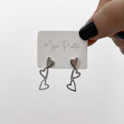 Brinco corações alongados liso e cravejado 19mm pingente coração vazado