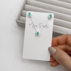 Conjunto brinco e colar zircônia gota acqua com cravejado 10mm 45cm