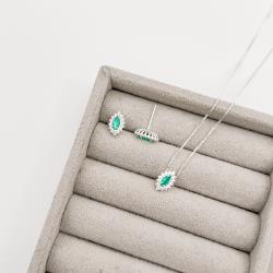 Conjunto brinco e colar zircônia navete acqua com cravejado 10mm 45cm