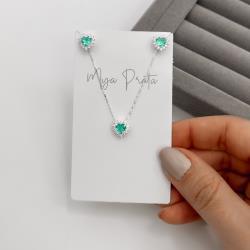 Conjunto brinco e colar zircônia coração acqua com cravejado 9mm 45cm