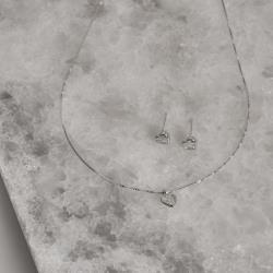 Conjunto brinco e colar zircônia coração embutida 6mm 40cm