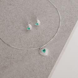 Conjunto brinco e colar zircônia coração turmalina com duplo cravejado 10mm 45cm