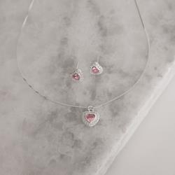 Conjunto brinco e colar zircônia coração embutida rosa com cravejado 10mm 45cm