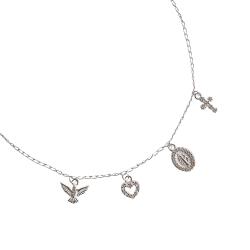 Colar pingentes Espírito Santo, coração vazado, medalha Nsa. Sra. das Graças e cruz cravejados corrente grumet 45cm