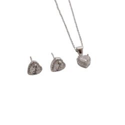 Conjunto brinco e colar zircônia coração com cravejado 7mm corrente cadeadinho 40cm