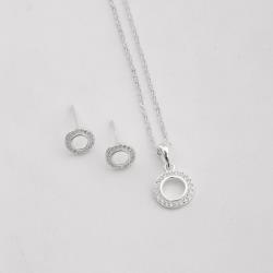 Conjunto brinco e colar círculo vazado com cravejado 9mm corrente cadeadinho 45cm