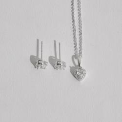 Conjunto brinco e colar zircônia coração com cravejado 6mm corrente cadeadinho 40cm