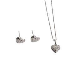 Conjunto brinco e colar coração com zircônias cristal 9mm 45cm