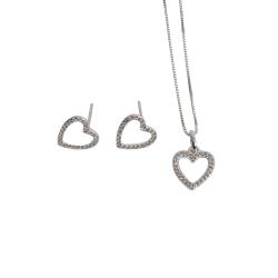 Conjunto brinco e colar coração vazado com cravejado cristal 10mm 45cm