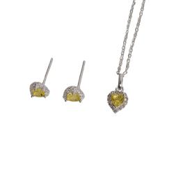 Conjunto brinco e colar zircônia coração amarela com cravejado 7mm corrente cadeadinho 40cm