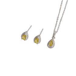 Conjunto brinco e colar zircônia gota amarela com cravejado 6mm corrente cadeadinho 40cm