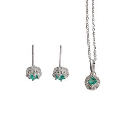 Conjunto brinco e colar zircônia turmalina com cravejado 6mm corrente cadeadinho 40cm