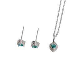 Conjunto brinco e colar zircônia coração turquesa com cravejado 6mm corrente cadeadinho 40cm