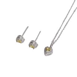 Conjunto brinco e colar zircônia coração amarela com cravejado 6mm corrente cadeadinho 40cm
