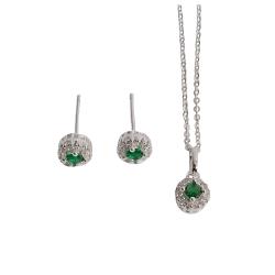 Conjunto brinco e colar zircônia esmeralda com cravejado 6mm corrente cadeadinho 40cm