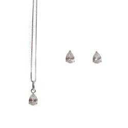 Conjunto brinco e colar zircônia gota cristal 6x4mm 40cm