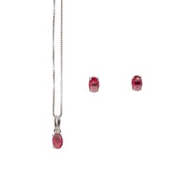 Conjunto brinco e colar zircônia oval rubi 6x4mm 45cm