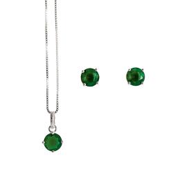 Conjunto brinco e colar zircônia redonda esmeralda 6mm 45cm