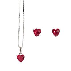 Conjunto brinco e colar zircônia coração rubi 6mm 45cm