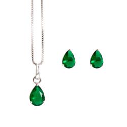 Conjunto brinco e colar zircônia gota esmeralda 7x5mm 45cm