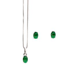 Conjunto brinco e colar zircônia oval esmeralda 6x4mm 45cm