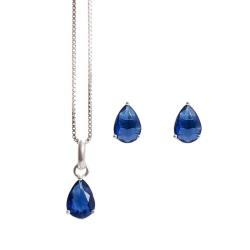Conjunto brinco e colar zircônia gota azul 7x5mm 45cm