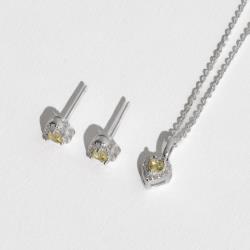 Conjunto brinco e colar zircônia coração amarela com cravejado 6mm corrente cadeadinho 40cm
