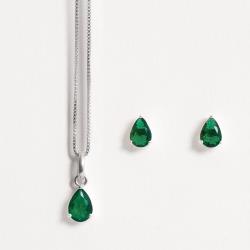 Conjunto brinco e colar zircônia gota esmeralda 7x5mm 45cm