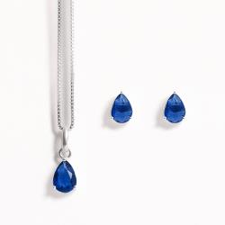 Conjunto brinco e colar zircônia gota azul 7x5mm 45cm
