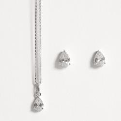Conjunto brinco e colar zircônia gota cristal 7x5mm 45cm