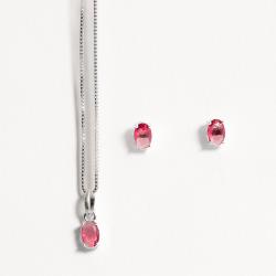 Conjunto brinco e colar zircônia oval rubi 6x4mm 45cm