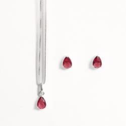 Conjunto brinco e colar zircônia gota rubi 6x4mm 40cm