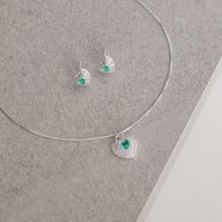 Conjunto brinco e colar zircônia coração turmalina com duplo cravejado 10mm 45cm