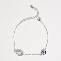 Pulseira entremeios mão vazada e olho grego cravejados