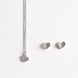 Conjunto brinco e colar coração cravejado 8mm corrente cadeado 40+5cm