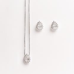 Conjunto brinco e colar zircônia gota com cravejado 10mm 45cm