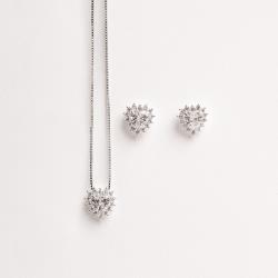 Conjunto brinco e colar zircônia coração com cravejado 9mm 45cm